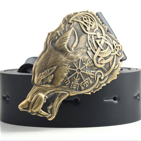 Men's black leather belt with brass Fenrir buckle P-139 Gorillas BBQ