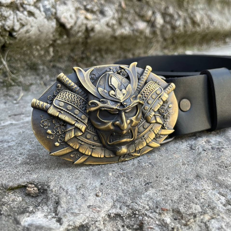 Men's black leather belt with brass buckle Samurai P-101 Gorillas BBQ