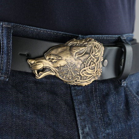 Men's black leather belt with brass Fenrir buckle P-139 Gorillas BBQ