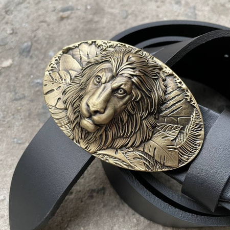 Men's black leather belt with brass Lion buckle P-115 Gorillas BBQ