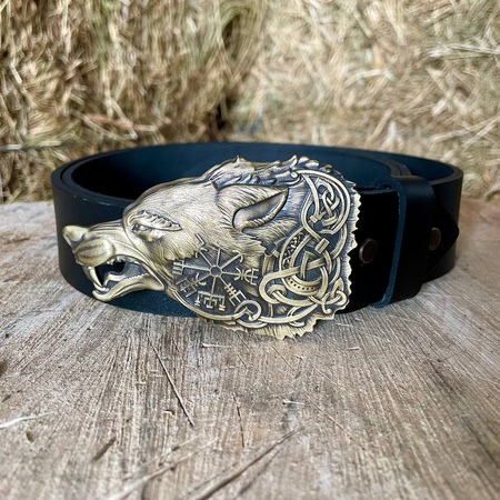 Men's black leather belt with brass Fenrir buckle P-139 Gorillas BBQ