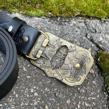 Men's black leather belt with brass Odin buckle P-117 Gorillas BBQ