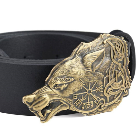 Men's black leather belt with brass Fenrir buckle P-139 Gorillas BBQ