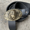 Men's black leather belt with brass Lion buckle P-115 Gorillas BBQ