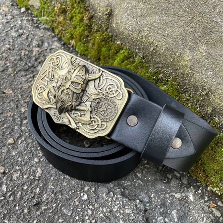 Men's black leather belt with brass Odin buckle P-117 Gorillas BBQ