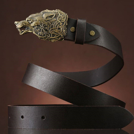 Men's black leather belt with brass Fenrir buckle P-139 Gorillas BBQ