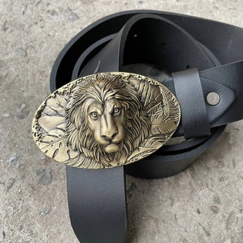 Men's black leather belt with brass Lion buckle P-115 Gorillas BBQ